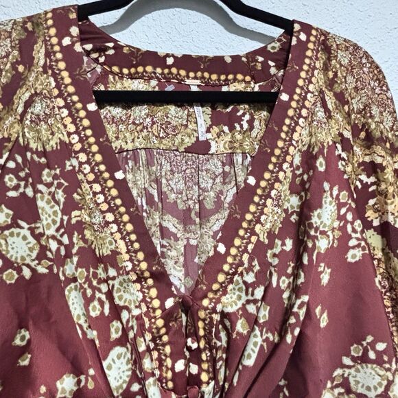 Free People Run Free Blouse Floral Balloon Sleeve Tie-Front Satin Blouse Size M - Picture 7 of 10